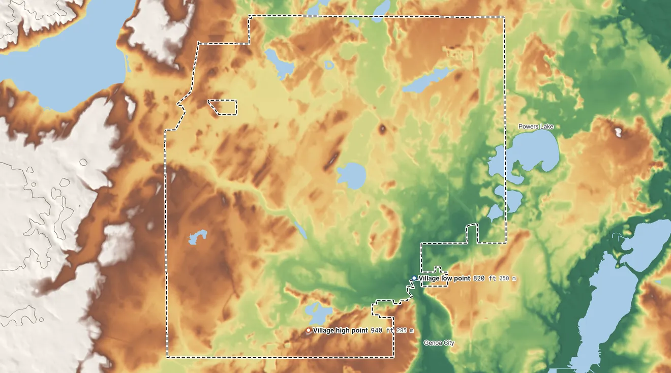 Topographic elevation map of Bloomfield, Wisconsin, shaded from 820 ft on the southeast side to 940 ft on the south side