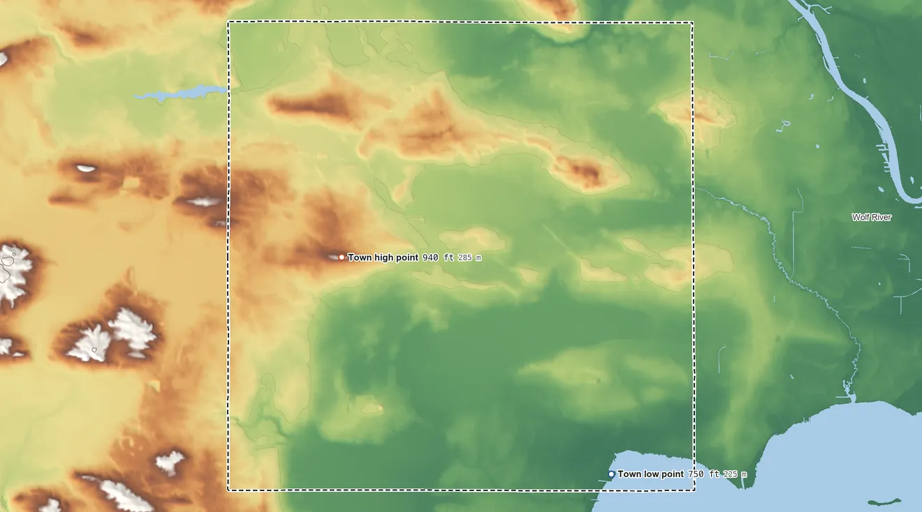 Topographic elevation map of Town of Bloomfield, Wisconsin, shaded from 750 ft on the southeast side to 940 ft on the west side