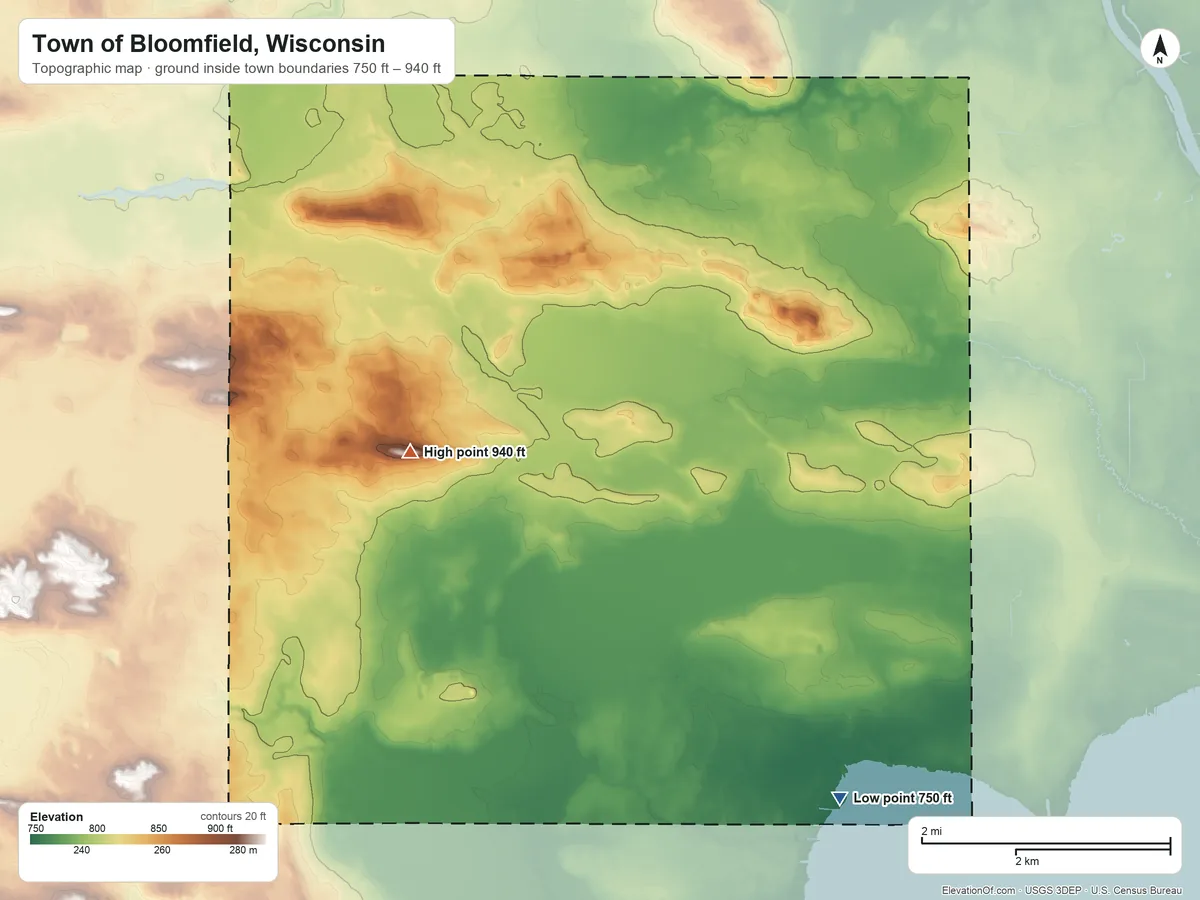 Topographic elevation map of Town of Bloomfield, Wisconsin, shaded from 750 ft on the southeast side to 940 ft on the west side