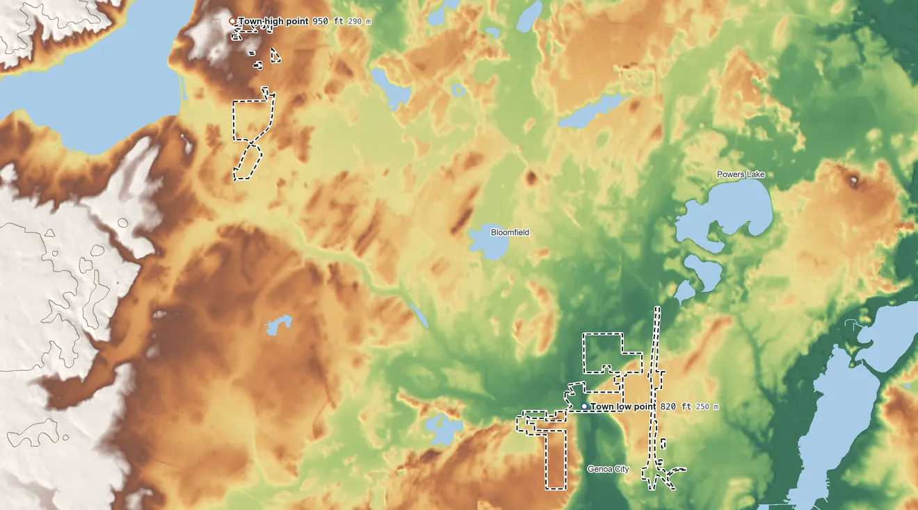Topographic elevation map of Town of Bloomfield, Wisconsin, shaded from 820 ft near the middle to 950 ft on the northwest side