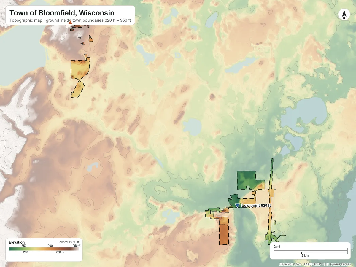 Topographic elevation map of Town of Bloomfield, Wisconsin, shaded from 820 ft near the middle to 950 ft on the northwest side