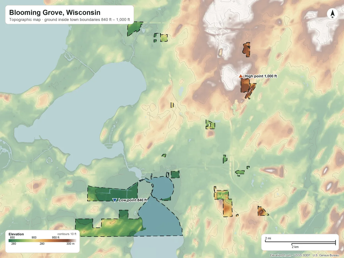 Topographic elevation map of Blooming Grove, Wisconsin, shaded from 840 ft on the southwest side to 1,000 ft on the northeast side