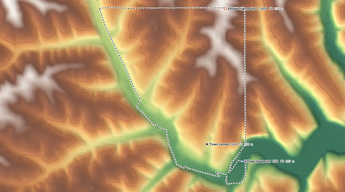Topographic elevation map of Bloomington, Wisconsin, shaded from 870 ft on the southeast side to 1,080 ft on the north side