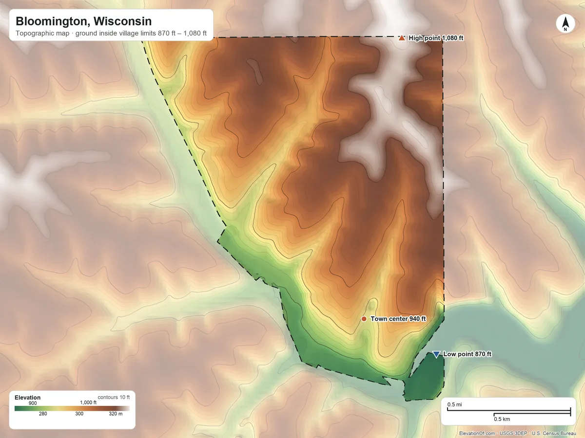 Topographic elevation map of Bloomington, Wisconsin, shaded from 870 ft on the southeast side to 1,080 ft on the north side