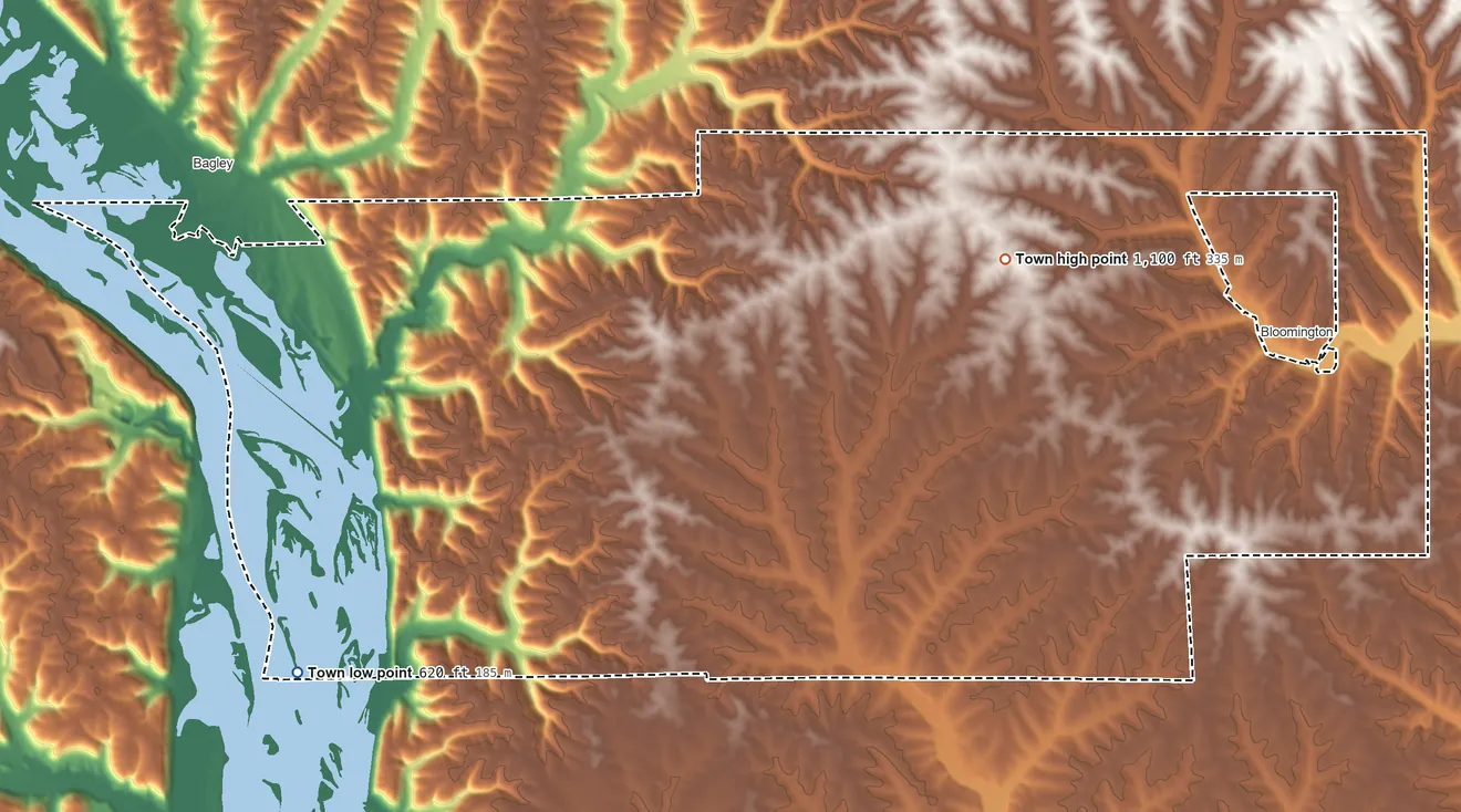 Topographic elevation map of Town of Bloomington, Wisconsin, shaded from 620 ft on the southwest side to 1,100 ft on the northeast side