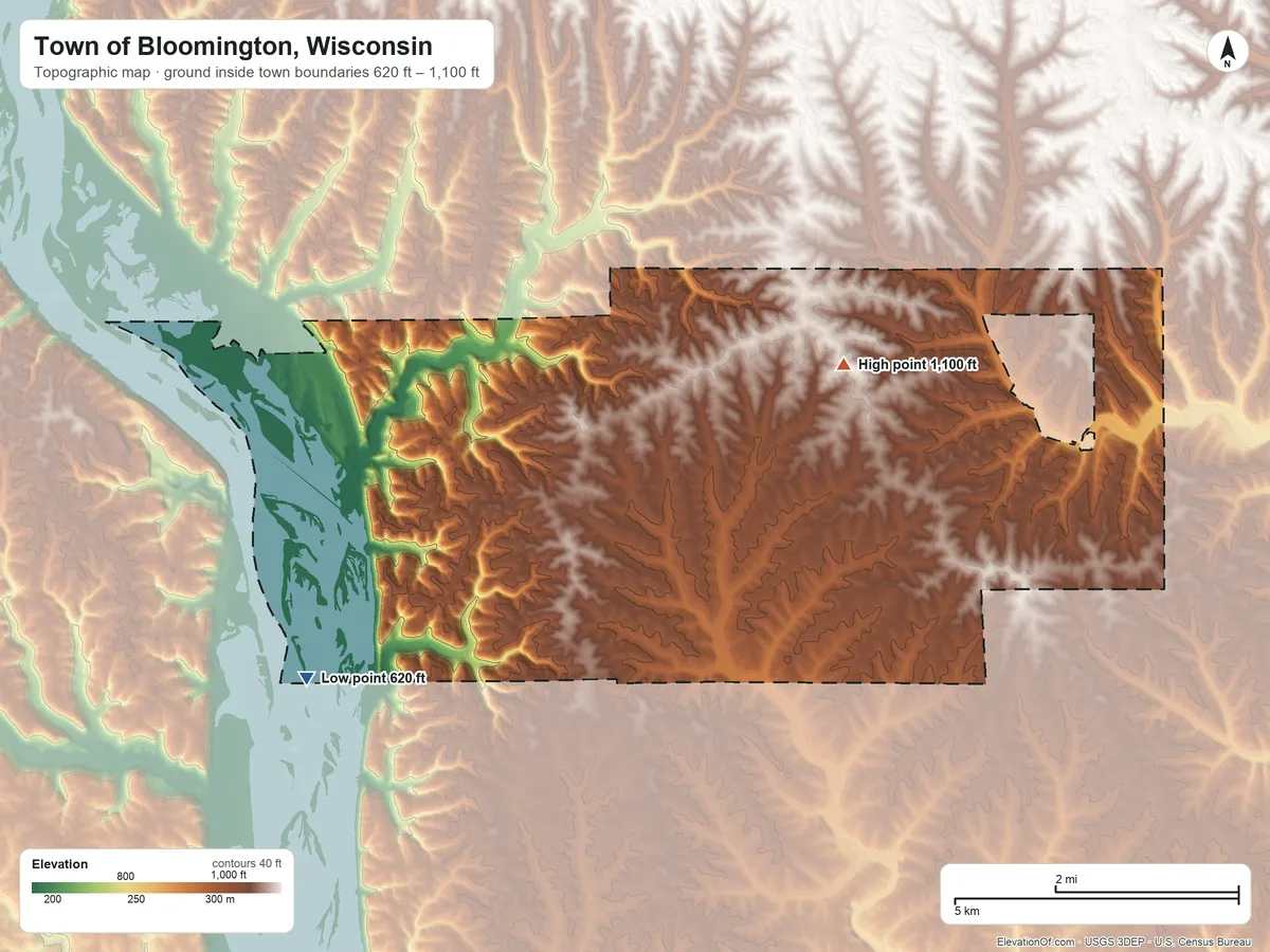 Topographic elevation map of Town of Bloomington, Wisconsin, shaded from 620 ft on the southwest side to 1,100 ft on the northeast side