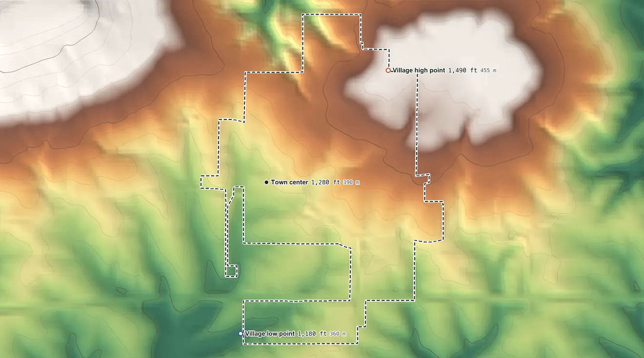 Topographic elevation map of Blue Mounds, Wisconsin, shaded from 1,180 ft on the south side to 1,490 ft on the northeast side