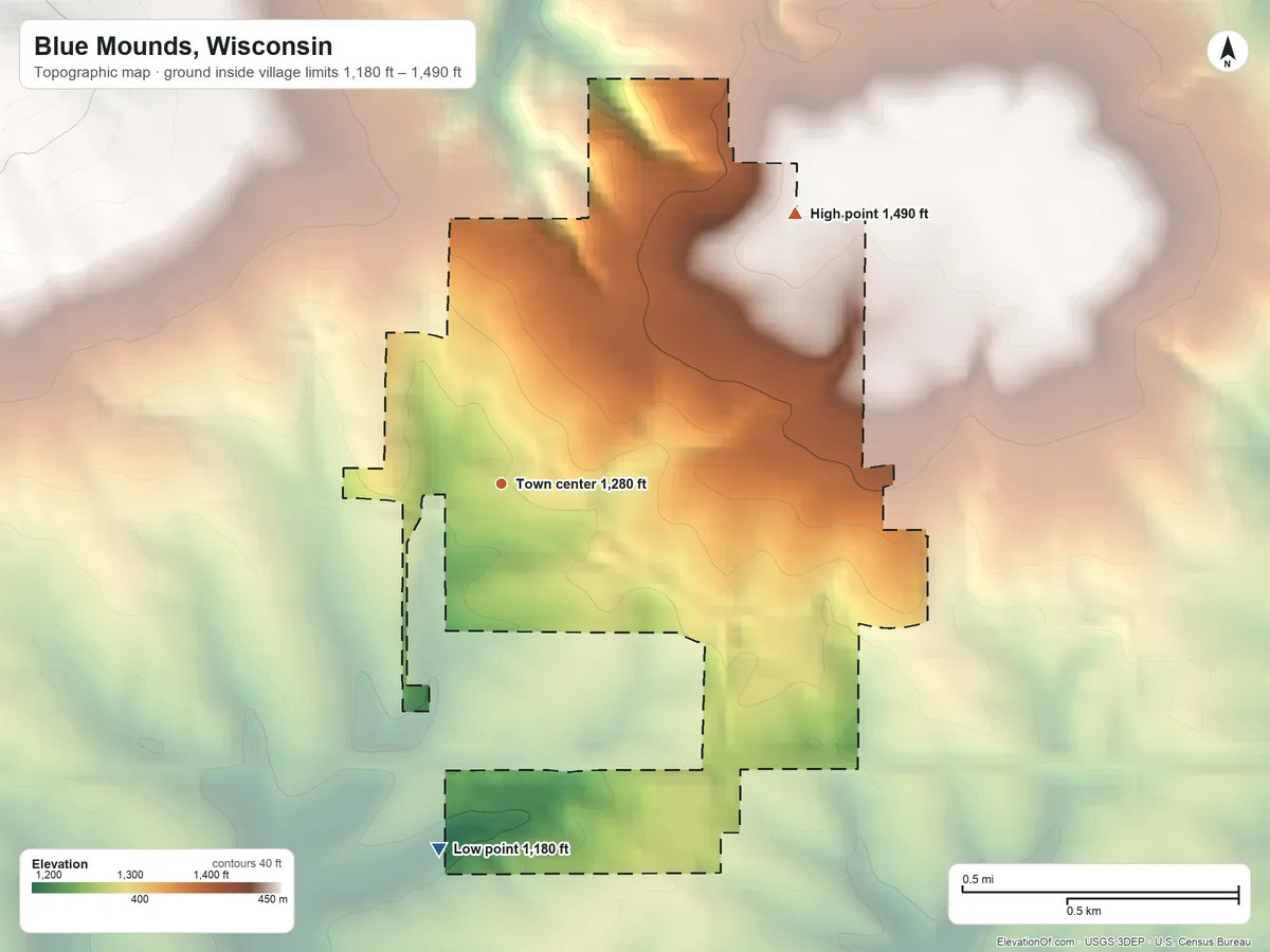 Topographic elevation map of Blue Mounds, Wisconsin, shaded from 1,180 ft on the south side to 1,490 ft on the northeast side