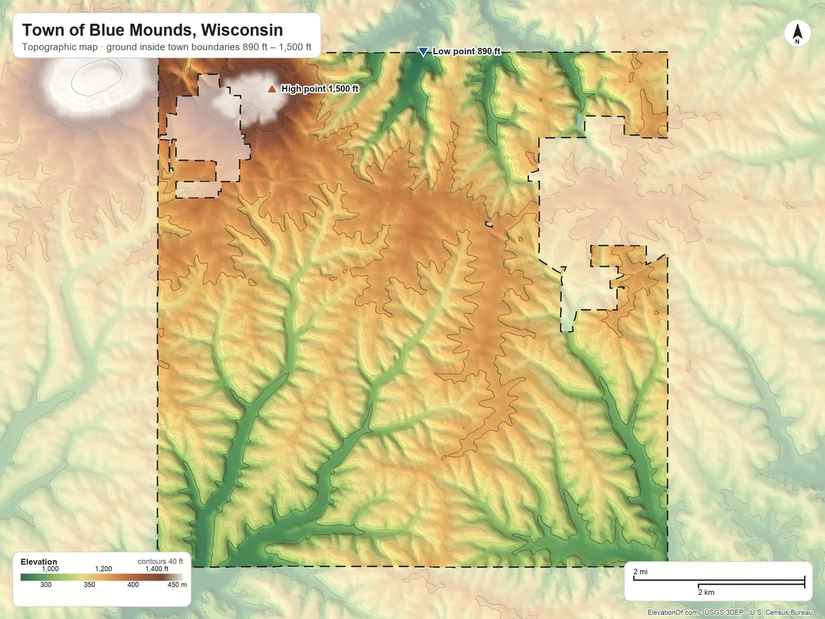 Topographic elevation map of Town of Blue Mounds, Wisconsin, shaded from 890 ft on the north side to 1,500 ft on the northwest side