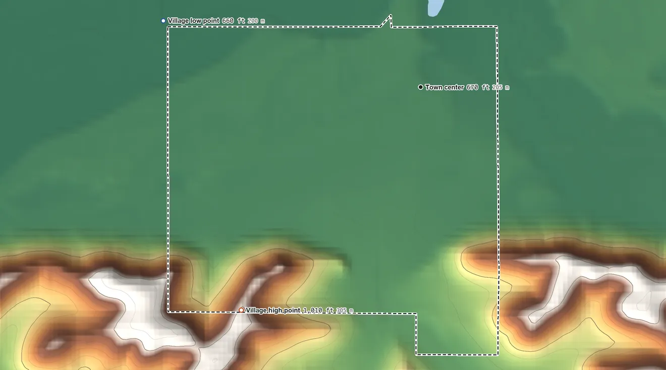 Topographic elevation map of Blue River, Wisconsin, shaded from 660 ft on the west side to 1,010 ft on the southwest side