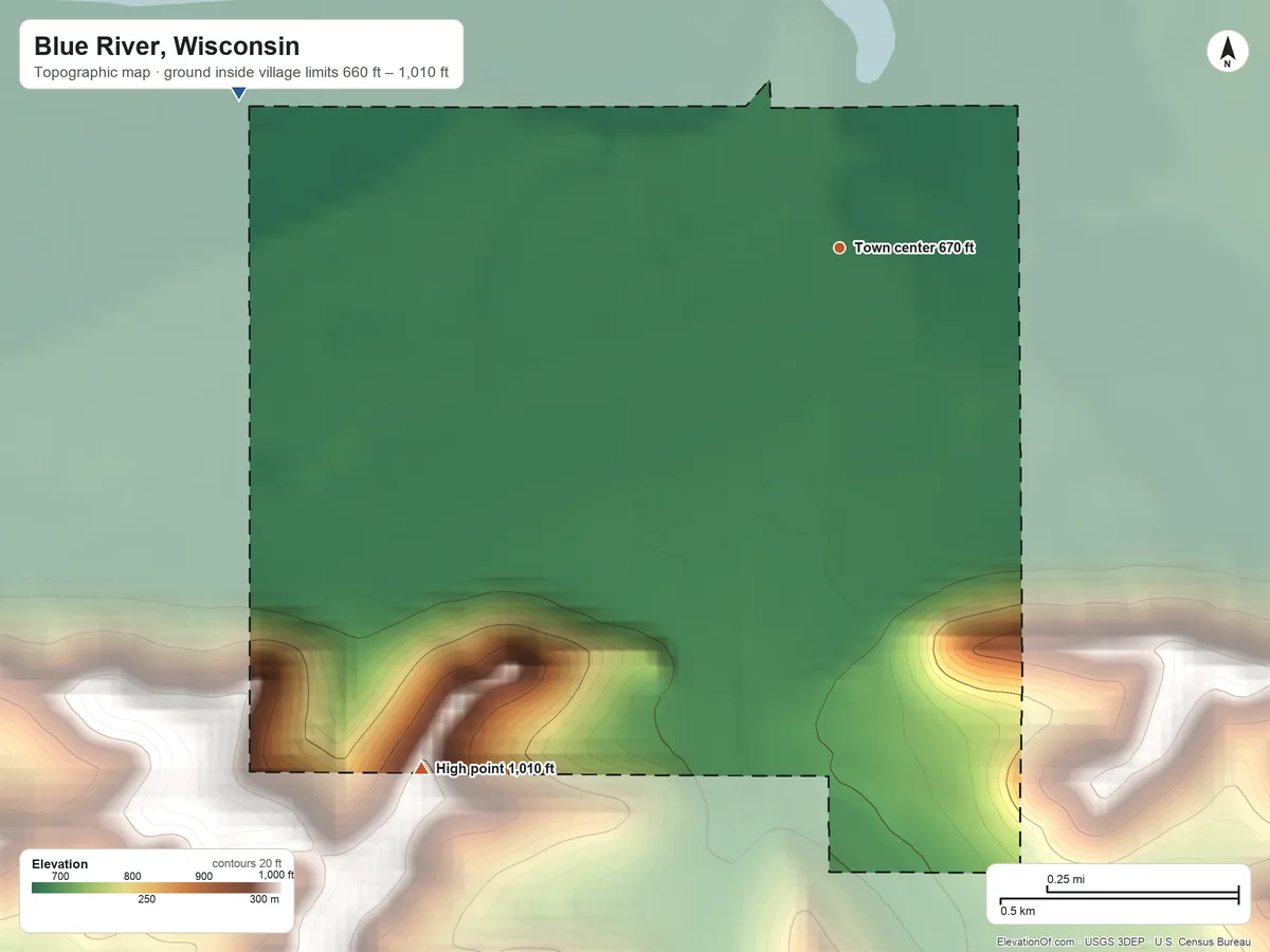 Topographic elevation map of Blue River, Wisconsin, shaded from 660 ft on the west side to 1,010 ft on the southwest side