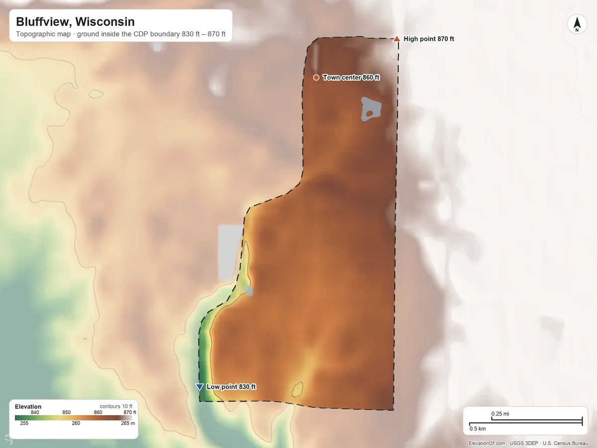 Topographic elevation map of Bluffview, Wisconsin, shaded from 830 ft on the south side to 870 ft at the foot of the South Range