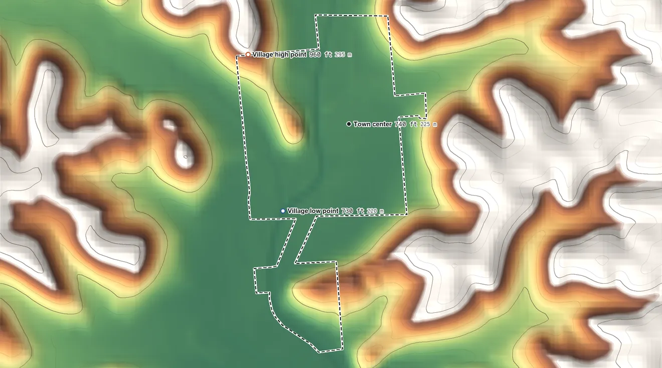 Topographic elevation map of Boaz, Wisconsin, shaded from 730 ft on the southwest side to 960 ft on the northwest side