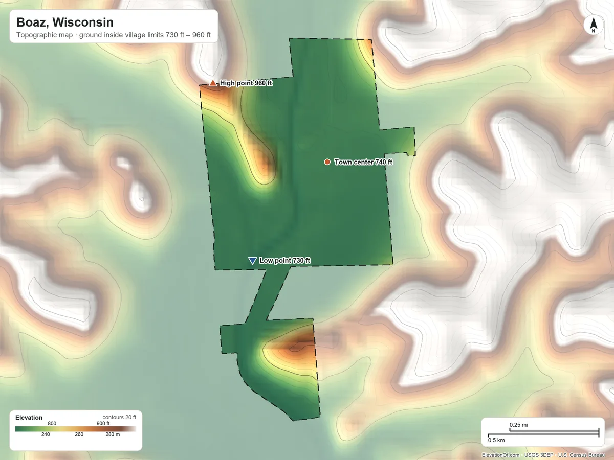 Topographic elevation map of Boaz, Wisconsin, shaded from 730 ft on the southwest side to 960 ft on the northwest side