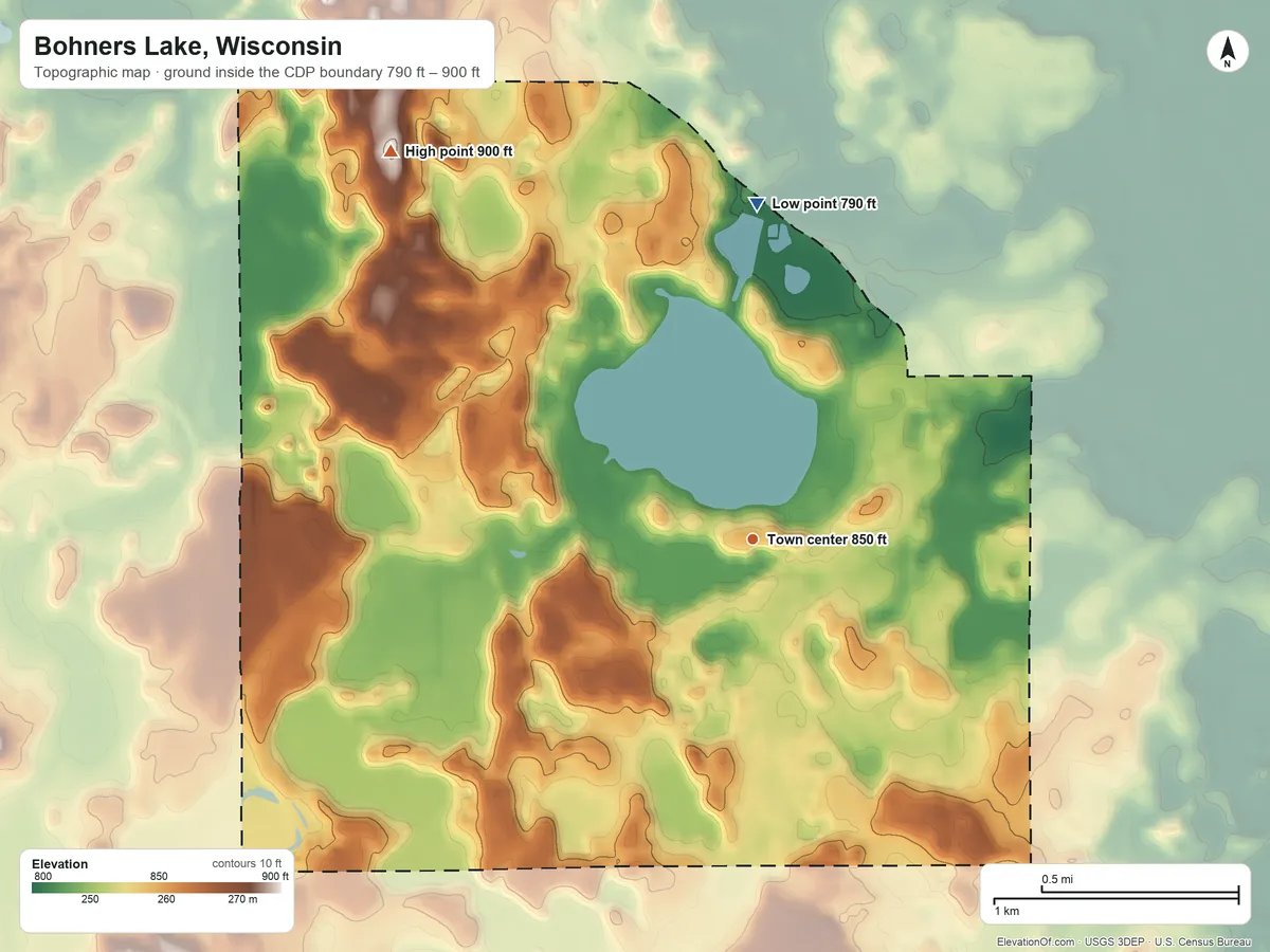 Topographic elevation map of Bohners Lake, Wisconsin, shaded from 790 ft on the north side to 900 ft on the northwest side