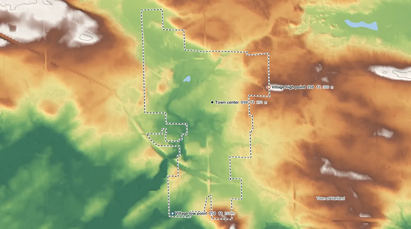 Topographic elevation map of Bonduel, Wisconsin, shaded from 850 ft on the south side to 990 ft on the east side