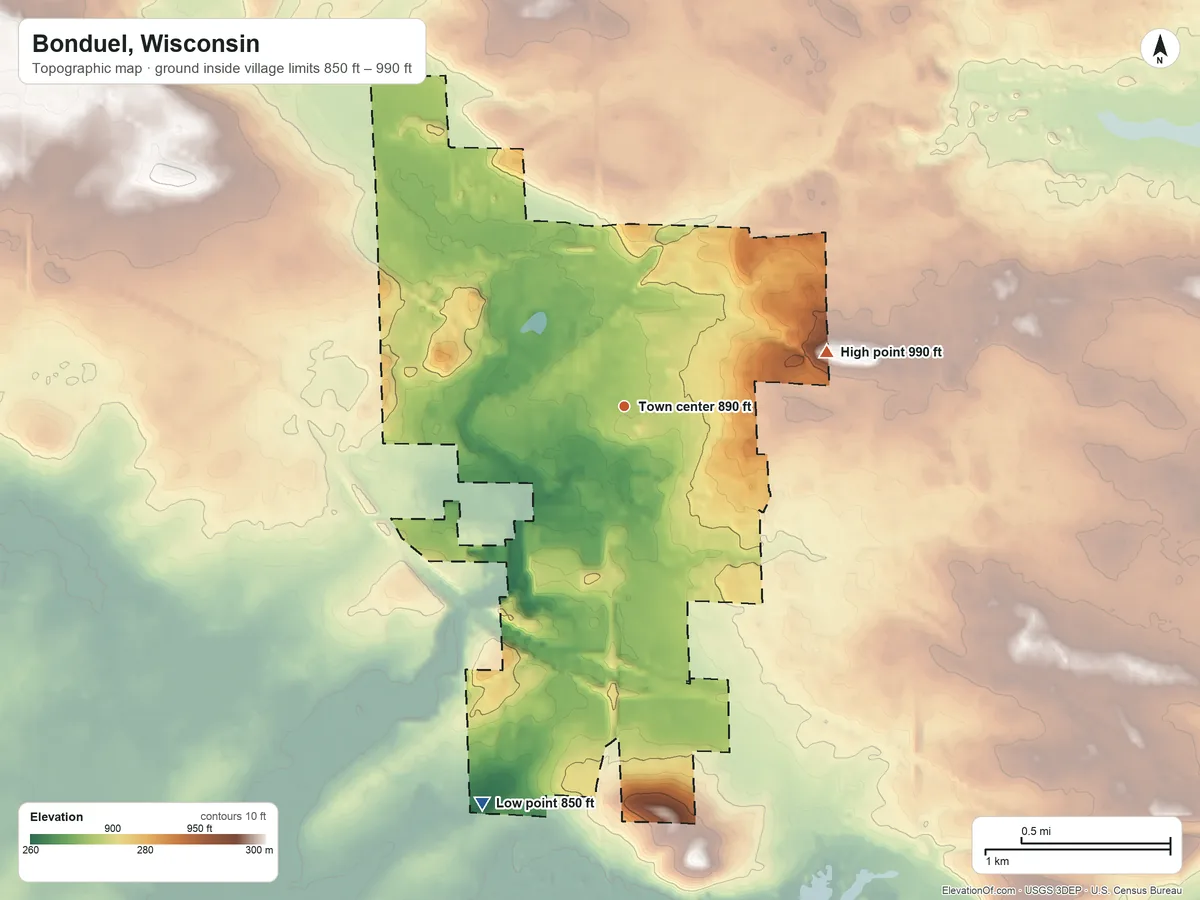 Topographic elevation map of Bonduel, Wisconsin, shaded from 850 ft on the south side to 990 ft on the east side