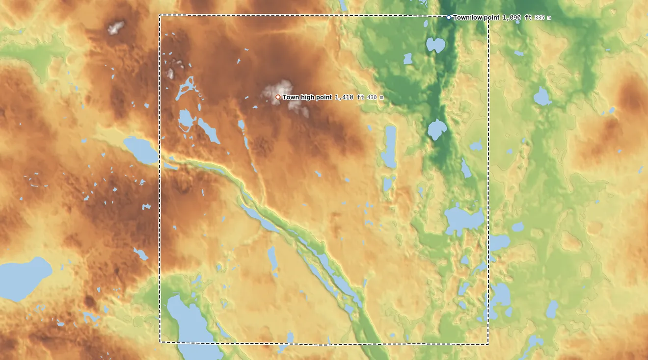 Topographic elevation map of Bone Lake, Wisconsin, shaded from 1,090 ft on the northeast side to 1,410 ft on the north side