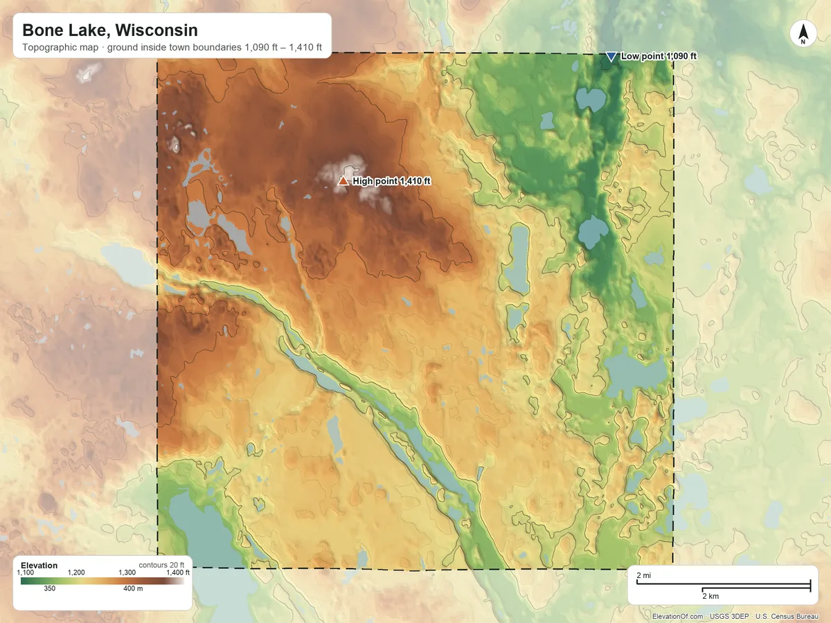 Topographic elevation map of Bone Lake, Wisconsin, shaded from 1,090 ft on the northeast side to 1,410 ft on the north side