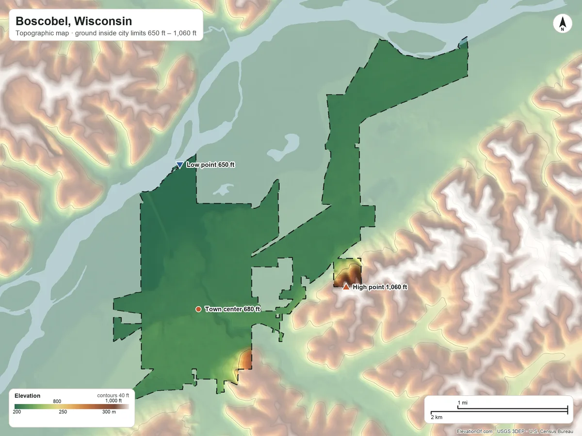 Topographic elevation map of Boscobel, Wisconsin, shaded from 650 ft on the north side to 1,060 ft on the east side