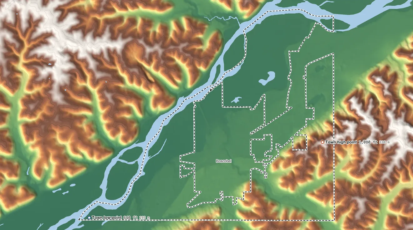 Topographic elevation map of Town of Boscobel, Wisconsin, shaded from 640 ft on the west side to 1,080 ft on the east side