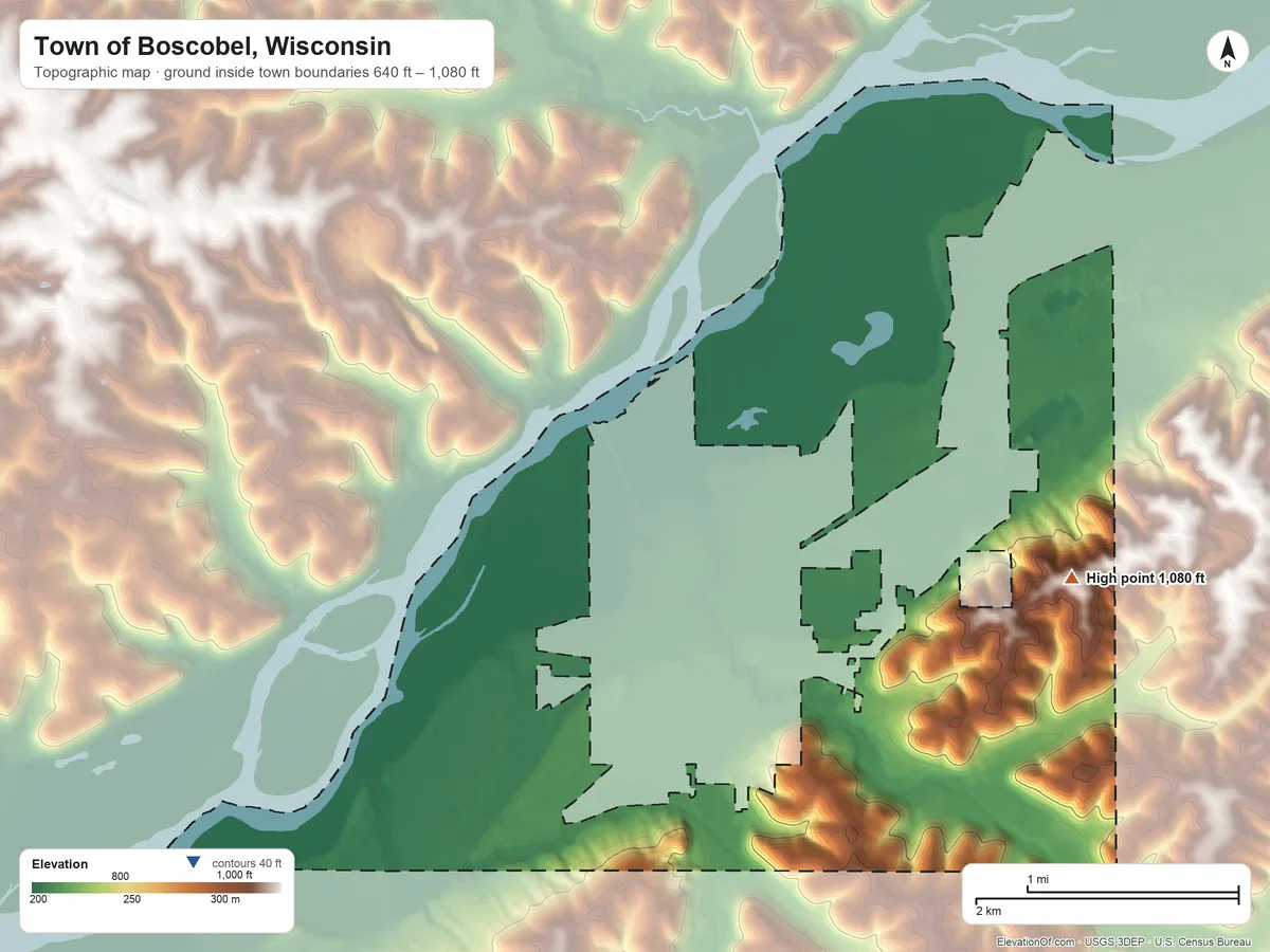 Topographic elevation map of Town of Boscobel, Wisconsin, shaded from 640 ft on the west side to 1,080 ft on the east side