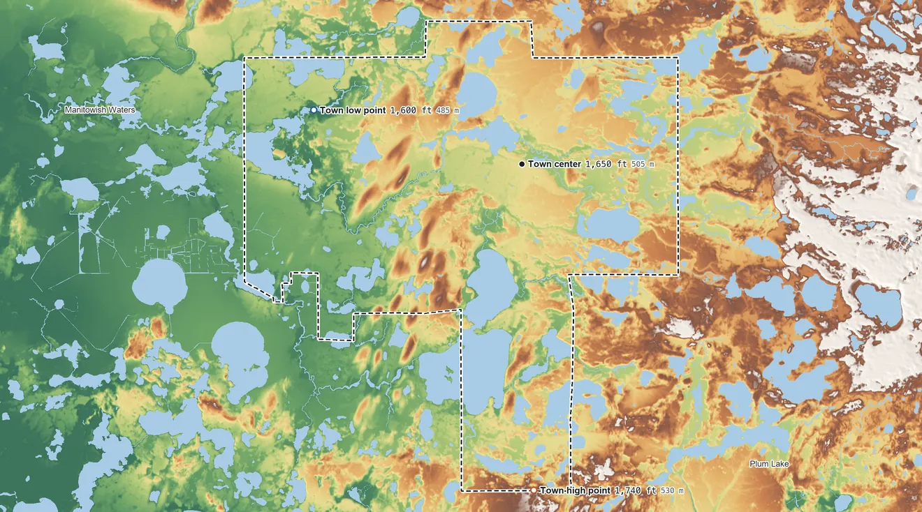 Topographic elevation map of Boulder Junction, Wisconsin, shaded from 1,600 ft on the west side to 1,740 ft on the south side