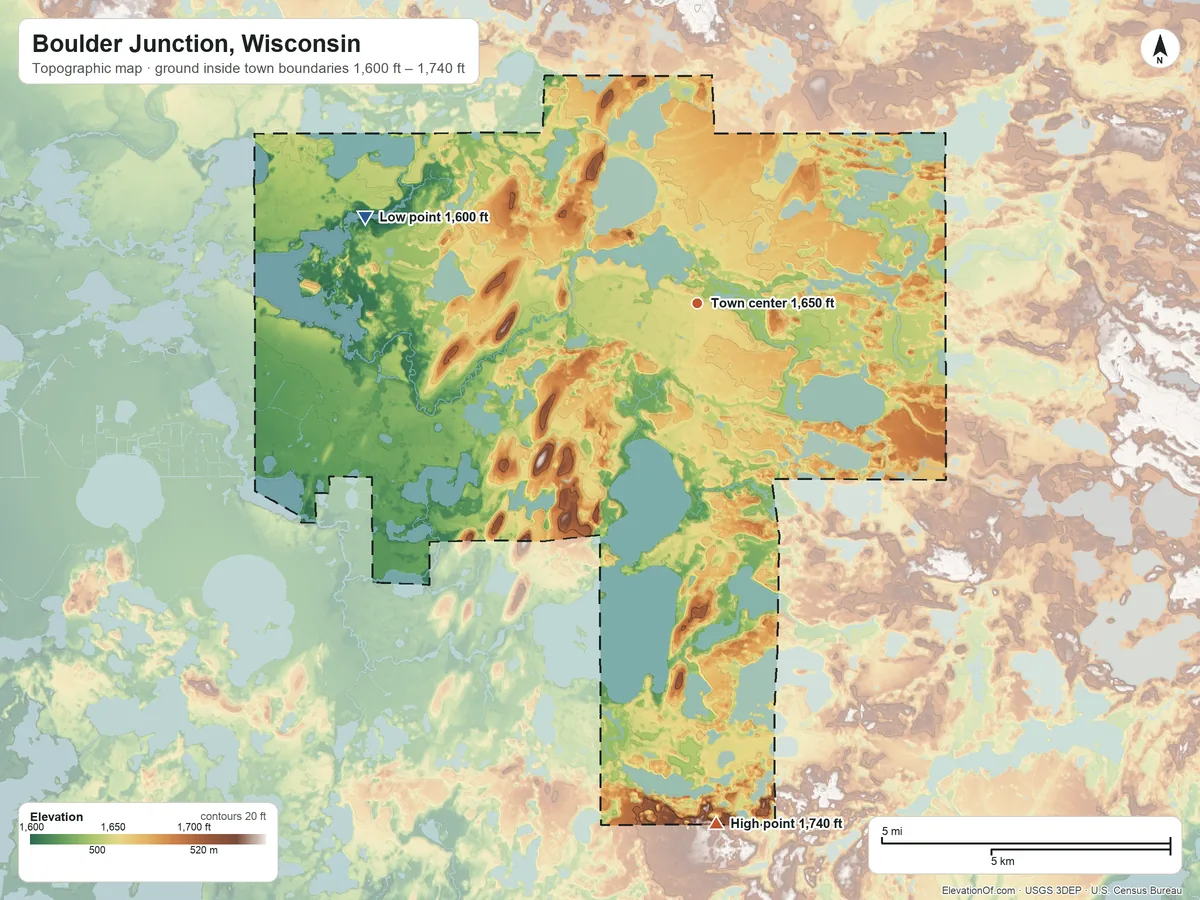 Topographic elevation map of Boulder Junction, Wisconsin, shaded from 1,600 ft on the west side to 1,740 ft on the south side