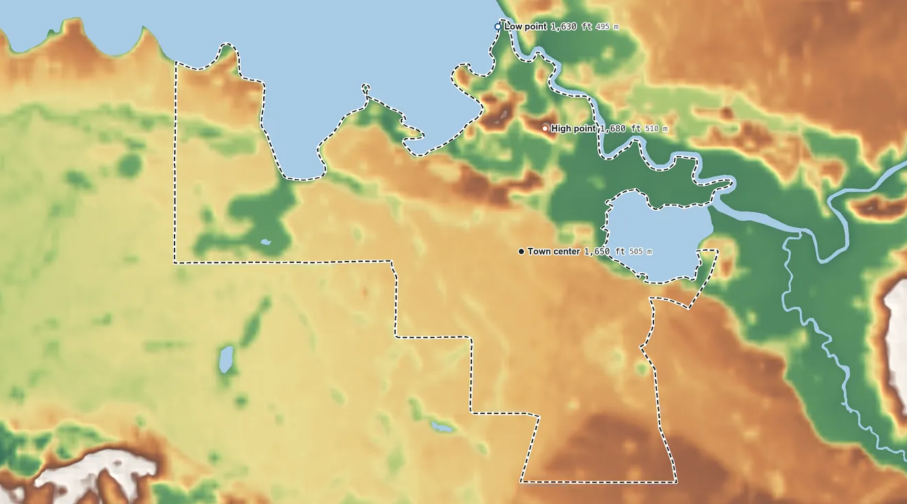 Topographic elevation map of Boulder Junction, Vilas County, Wisconsin, shaded from 1,630 ft on the north side to 1,680 ft on the north side
