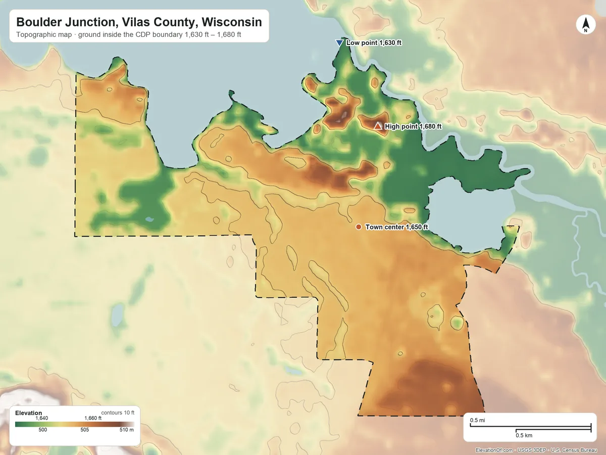 Topographic elevation map of Boulder Junction, Vilas County, Wisconsin, shaded from 1,630 ft on the north side to 1,680 ft on the north side