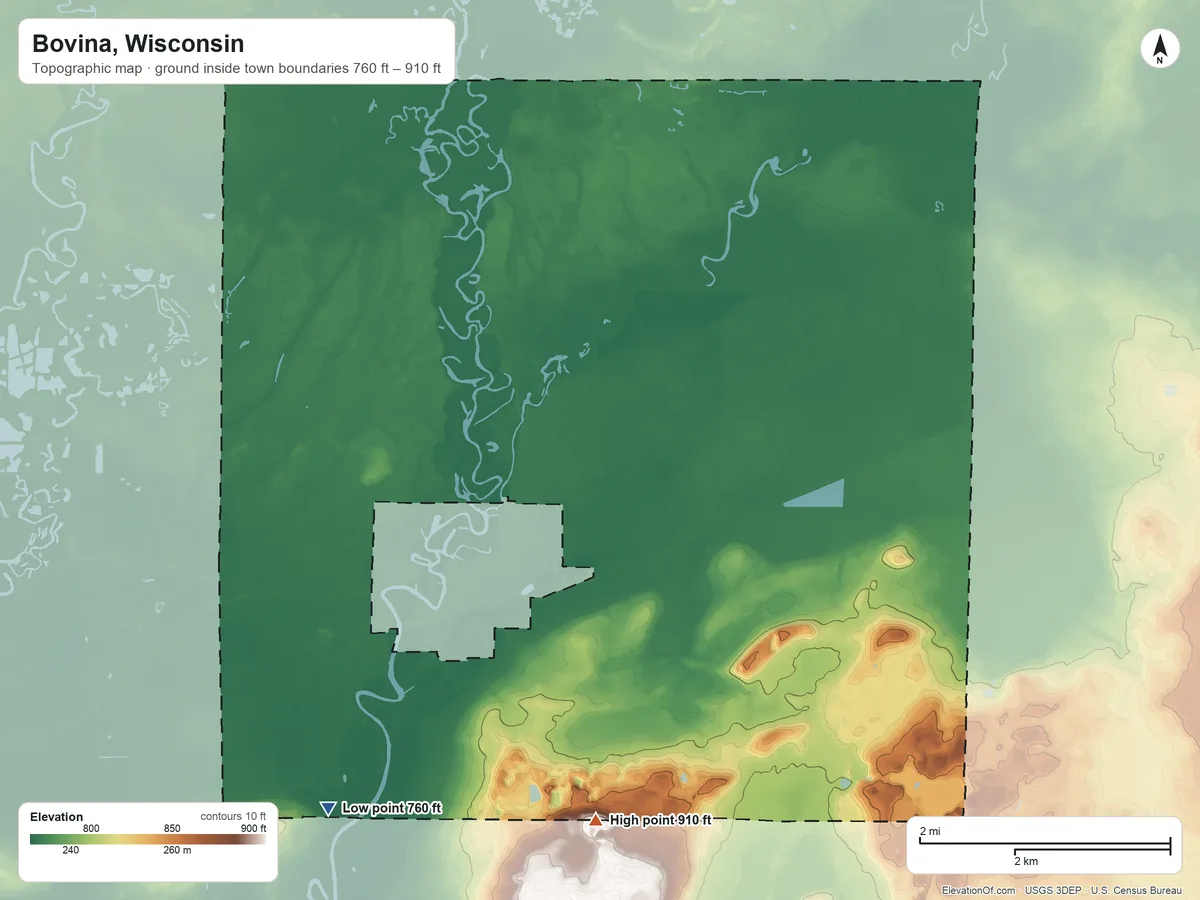 Topographic elevation map of Bovina, Wisconsin, shaded from 760 ft on the southwest side to 910 ft on the south side