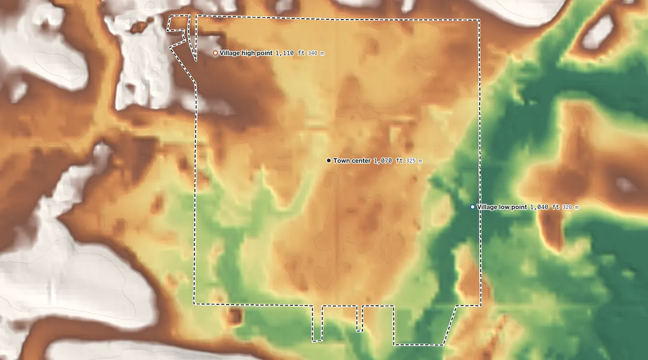 Topographic elevation map of Bowler, Wisconsin, shaded from 1,040 ft on the east side to 1,110 ft on the northwest side