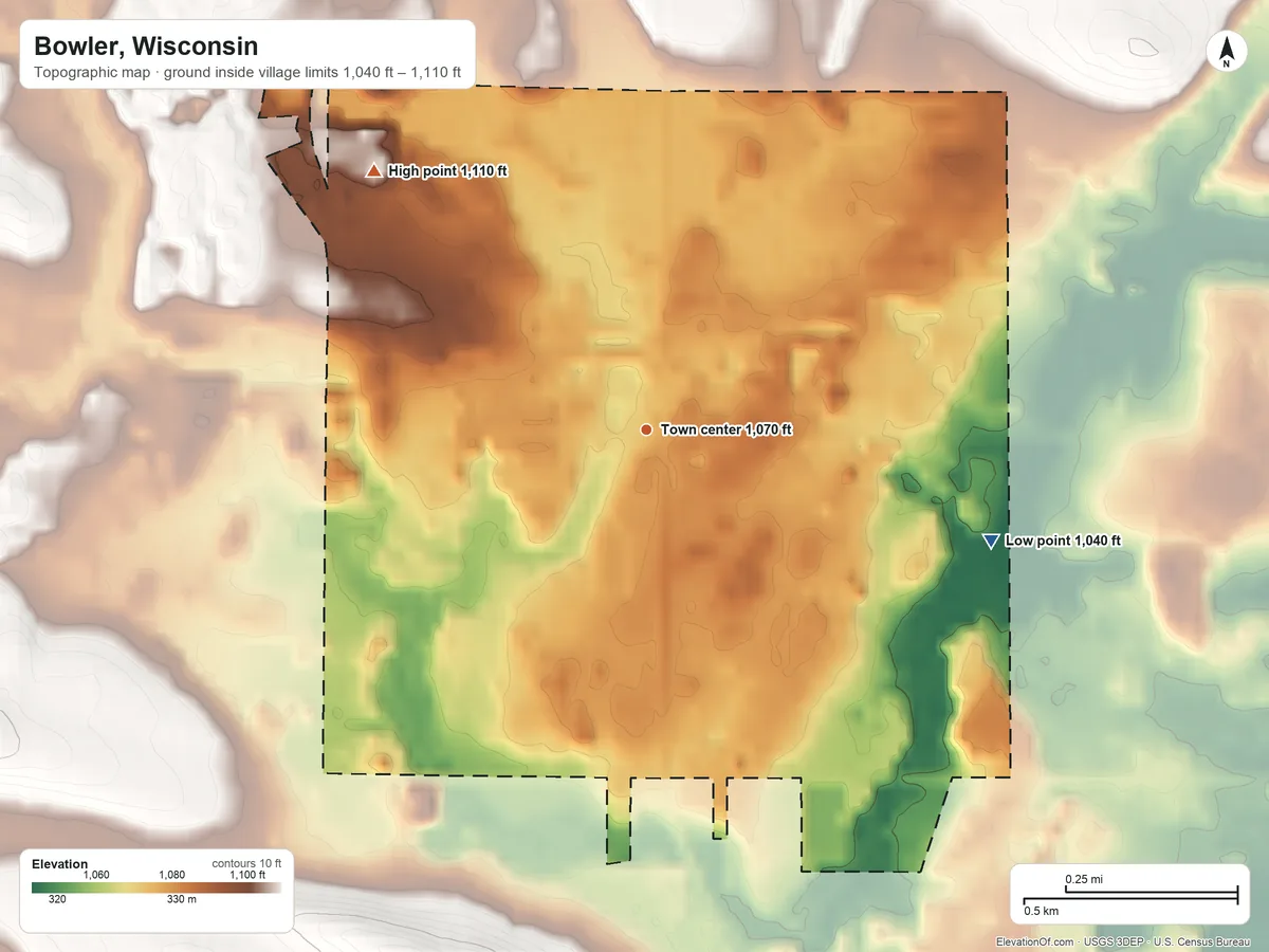 Topographic elevation map of Bowler, Wisconsin, shaded from 1,040 ft on the east side to 1,110 ft on the northwest side