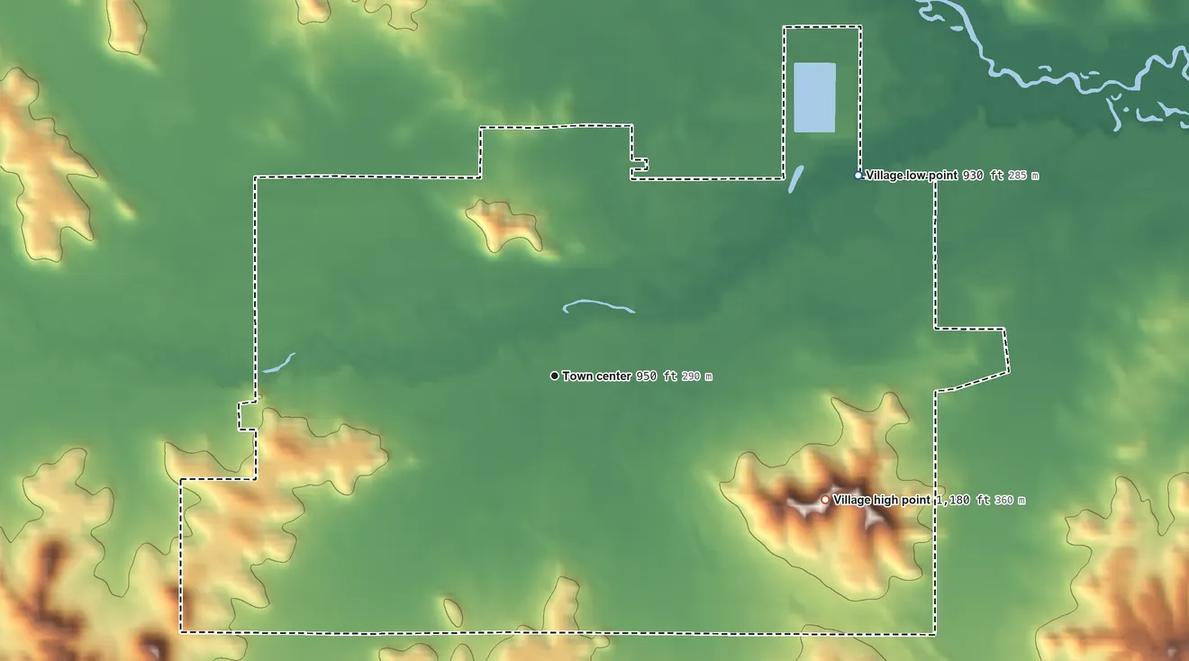 Topographic elevation map of Boyceville, Wisconsin, shaded from 930 ft on the northeast side to 1,180 ft on the southeast side