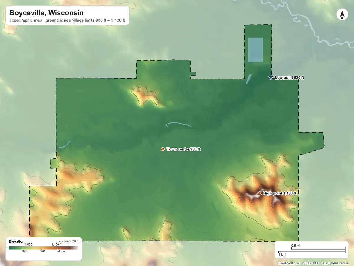 Topographic elevation map of Boyceville, Wisconsin, shaded from 930 ft on the northeast side to 1,180 ft on the southeast side