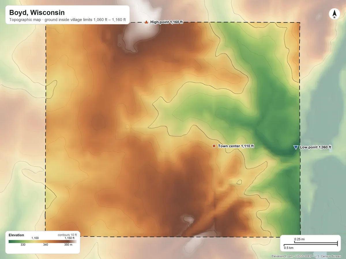 Topographic elevation map of Boyd, Wisconsin, shaded from 1,060 ft on the east side to 1,160 ft on the northwest side