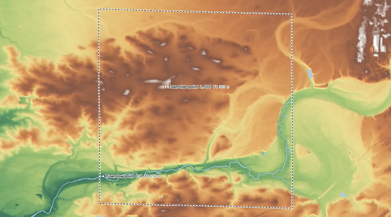 Topographic elevation map of Bradford, Wisconsin, shaded from 810 ft on the southwest side to 1,000 ft on the northwest side