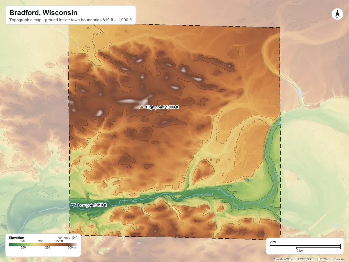 Topographic elevation map of Bradford, Wisconsin, shaded from 810 ft on the southwest side to 1,000 ft on the northwest side