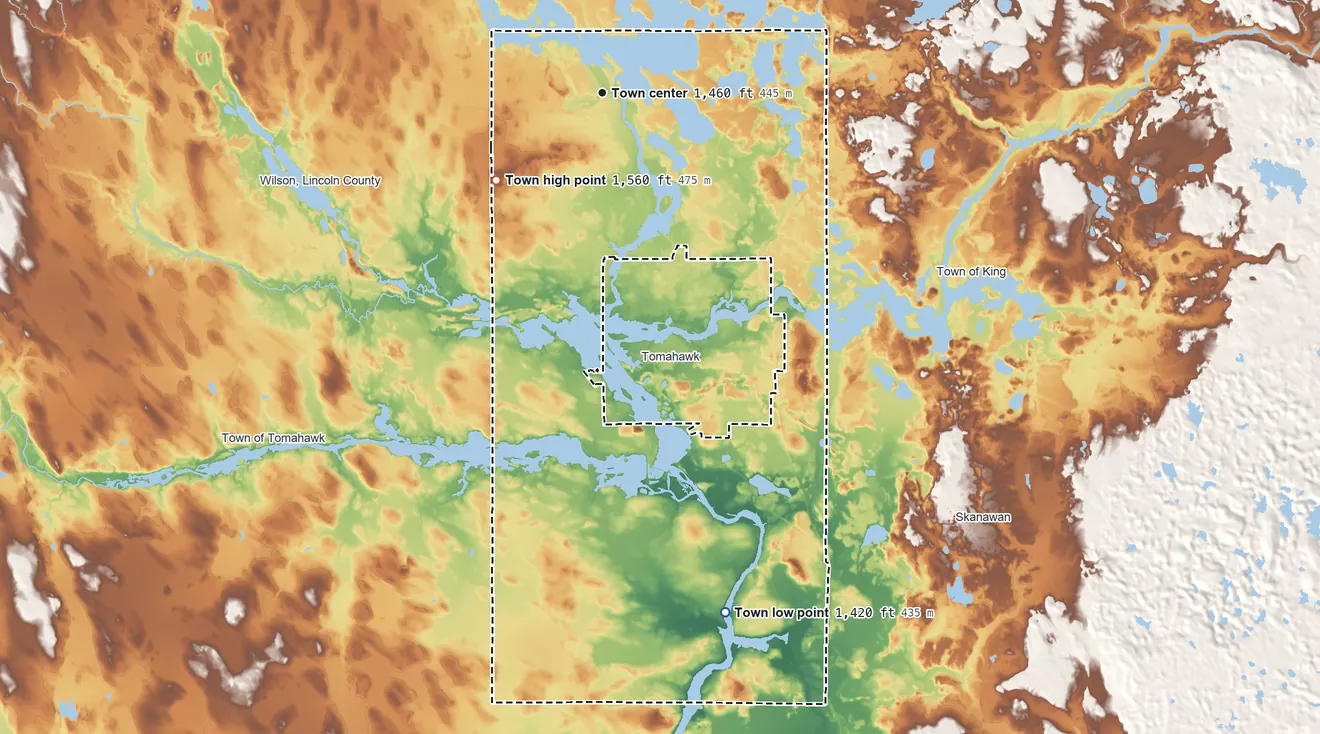 Topographic elevation map of Bradley, Wisconsin, shaded from 1,420 ft on the south side to 1,560 ft on the southwest side