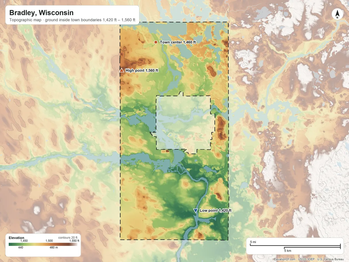 Topographic elevation map of Bradley, Wisconsin, shaded from 1,420 ft on the south side to 1,560 ft on the southwest side