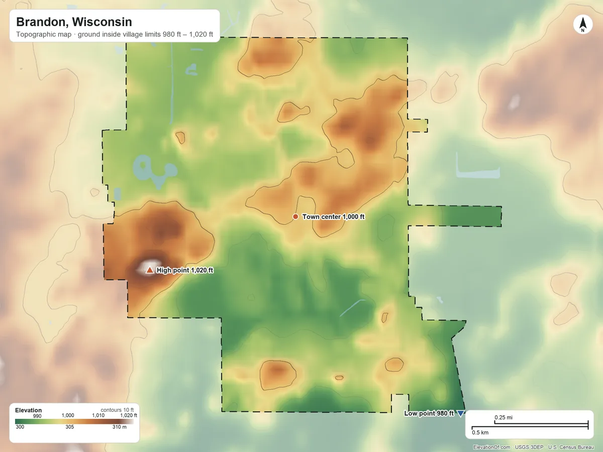 Topographic elevation map of Brandon, Wisconsin, shaded from 980 ft on the southeast side to 1,020 ft on the west side