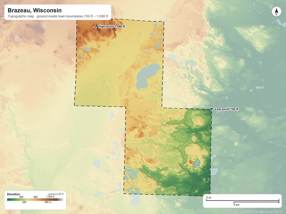 Topographic elevation map of Brazeau, Wisconsin, shaded from 700 ft on the east side to 1,090 ft on Butler Rock