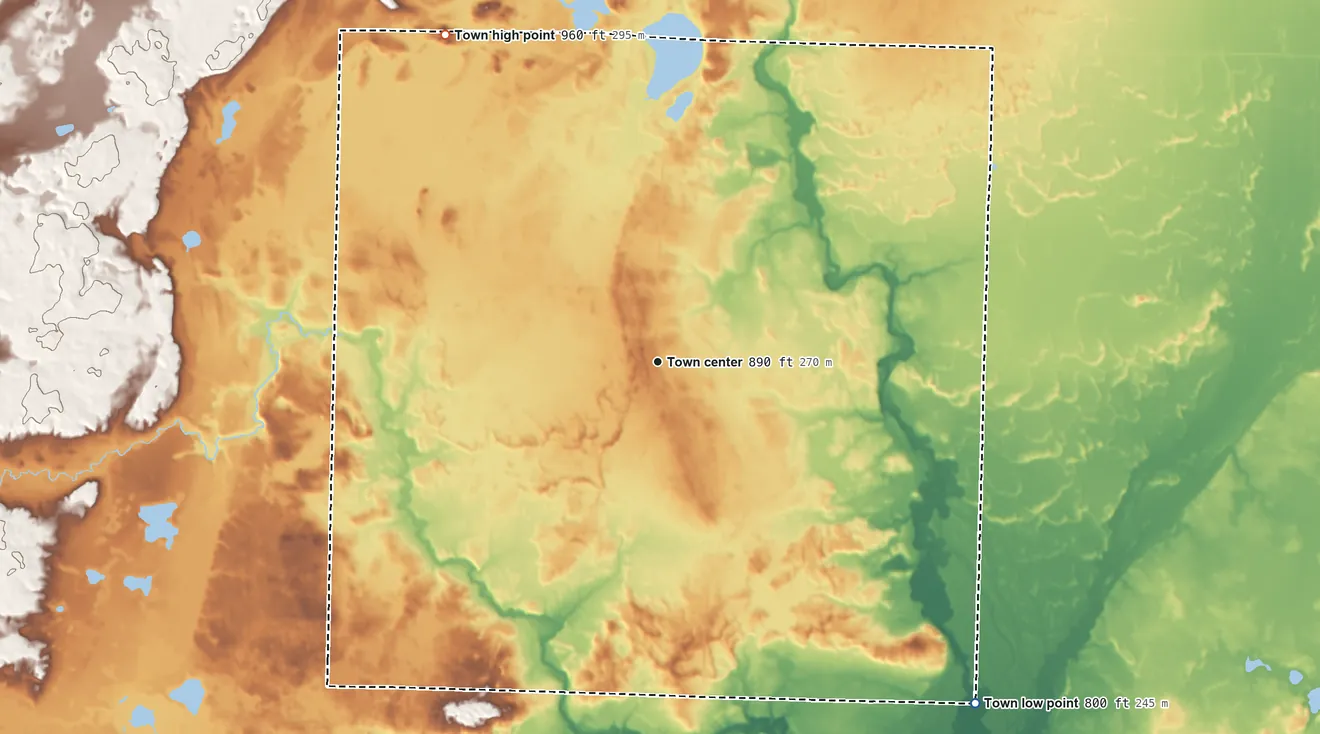 Topographic elevation map of Breed, Wisconsin, shaded from 800 ft on the southeast side to 960 ft on the northwest side