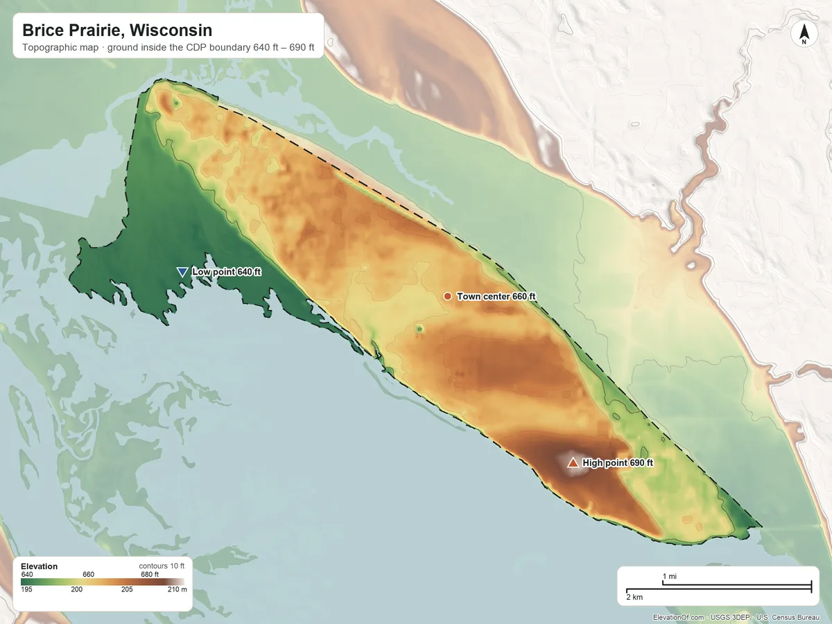 Topographic elevation map of Brice Prairie, Wisconsin, shaded from 640 ft on the west side to 690 ft on the southeast side