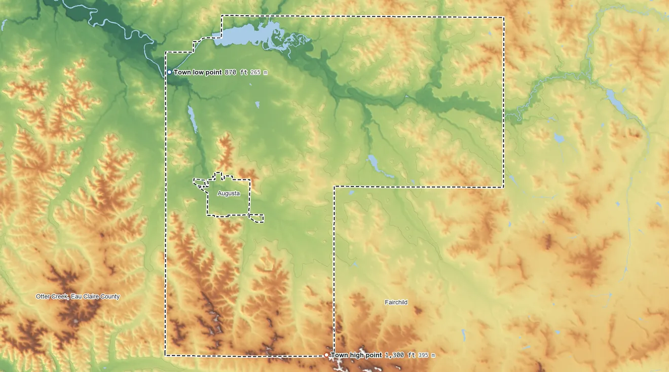 Topographic elevation map of Bridge Creek, Wisconsin, shaded from 870 ft on the northwest side to 1,300 ft on the southeast side