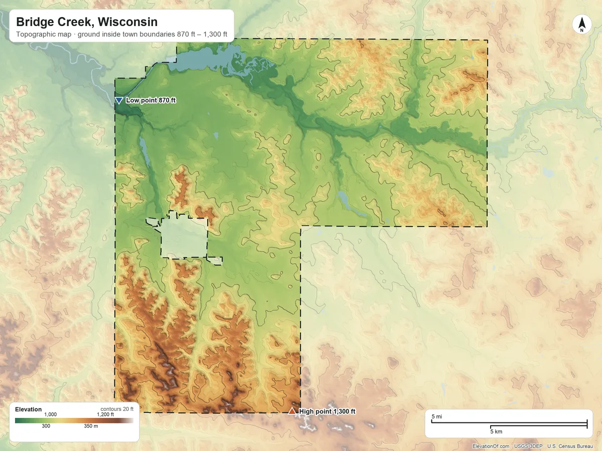 Topographic elevation map of Bridge Creek, Wisconsin, shaded from 870 ft on the northwest side to 1,300 ft on the southeast side