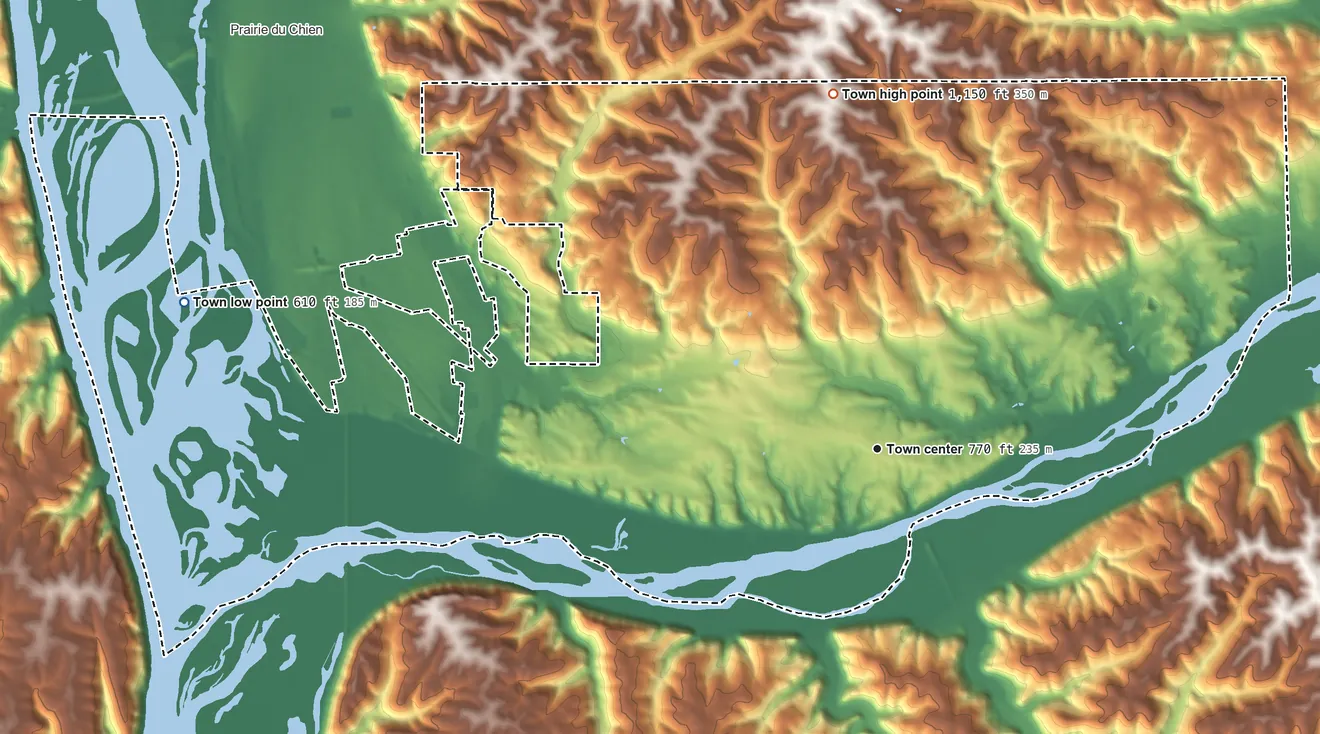Topographic elevation map of Bridgeport, Wisconsin, shaded from 610 ft on the west side to 1,150 ft on the north side