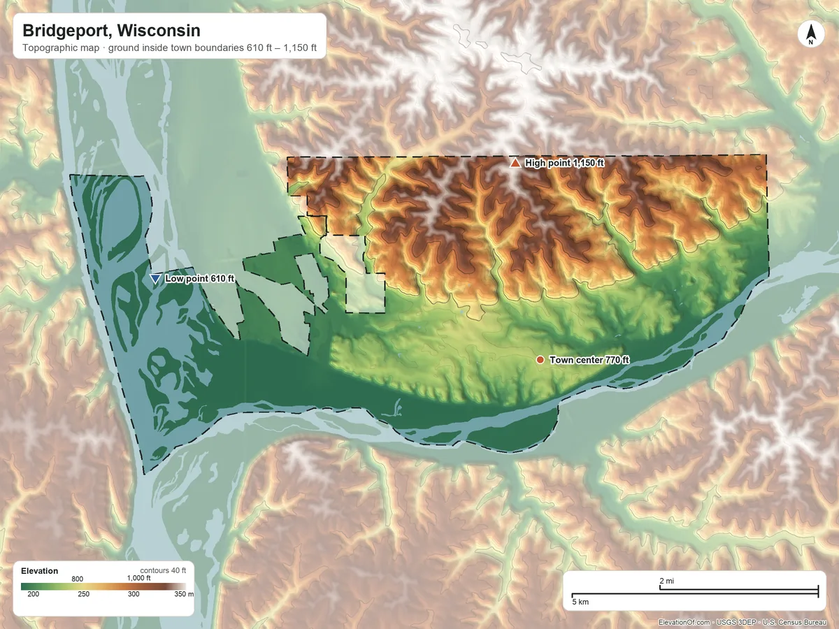 Topographic elevation map of Bridgeport, Wisconsin, shaded from 610 ft on the west side to 1,150 ft on the north side