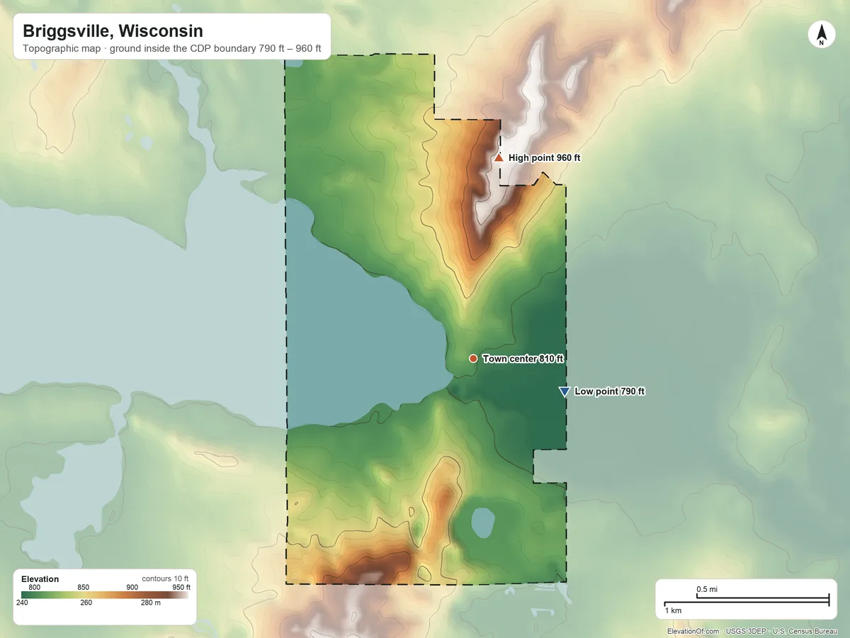Topographic elevation map of Briggsville, Wisconsin, shaded from 790 ft on the east side to 960 ft on the north side