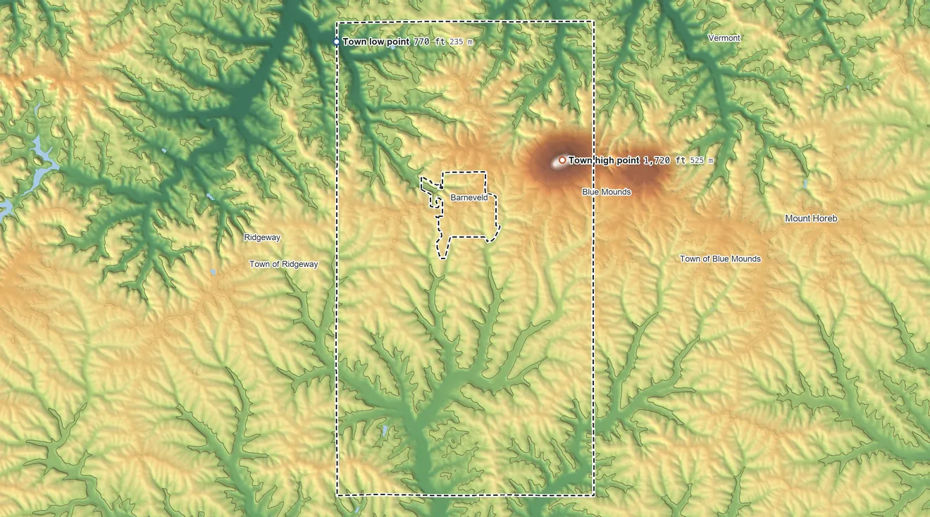Topographic elevation map of Brigham, Wisconsin, shaded from 770 ft on the north side to 1,720 ft on Blue Mounds